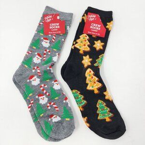 New Holiday Style 2 Pair Ladies Shoe sz 4-10 Christmas Crew Socks Poly Stretch